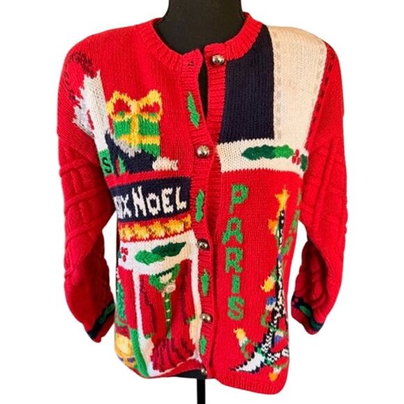 Vintage 1993 The Eagle’s Eye Joyeux Noël Paris Christmas Sweater Cardigan M - Picture 1 of 8